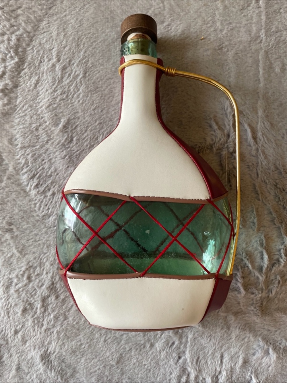 Vintage Spanish Decorative Green Glass White and Red Leather Wrap Wine decanter